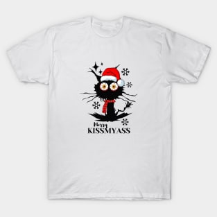 Merry Kissmyass Funny Cat Christmas Lights T-Shirt